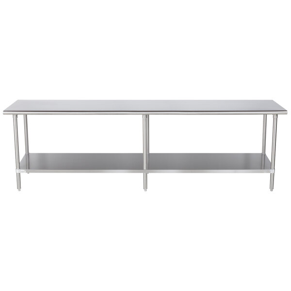 A long silver metal table with a stainless steel undershelf.
