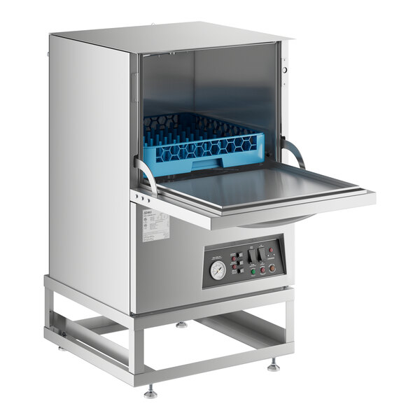 A Noble Warewashing undercounter dishwasher with a blue tray inside.