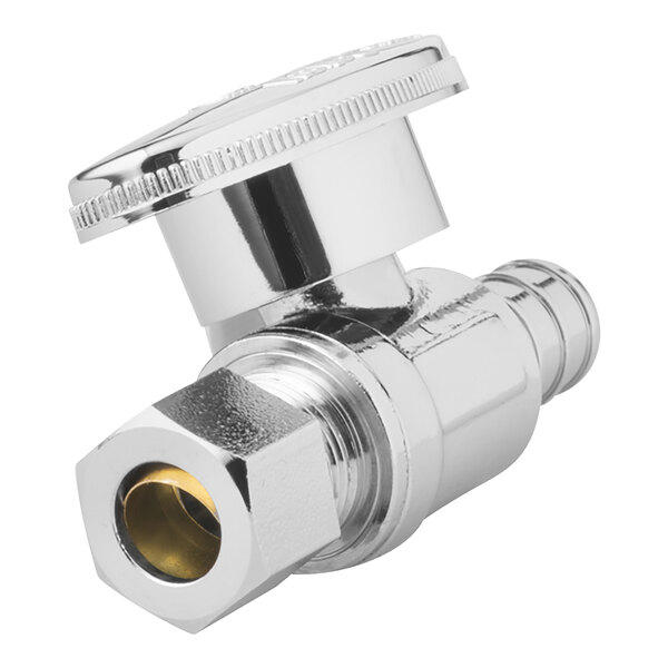 A chrome plated Oatey water stop valve with a brass nut.