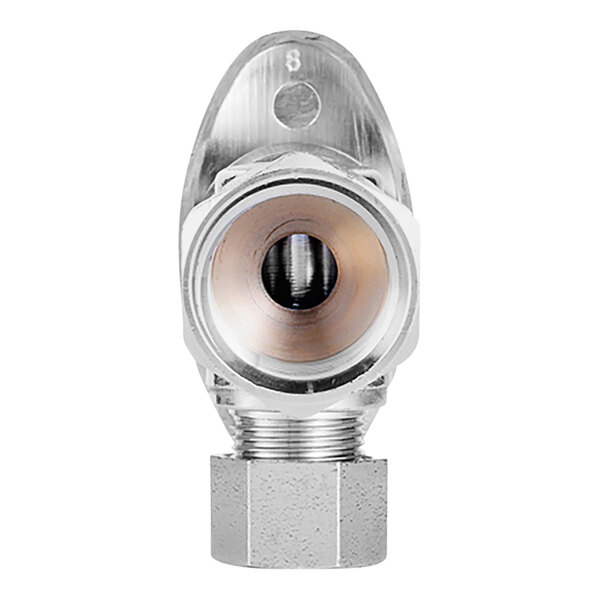 A close-up of an Oatey metal angle stop valve with a circular metal object.