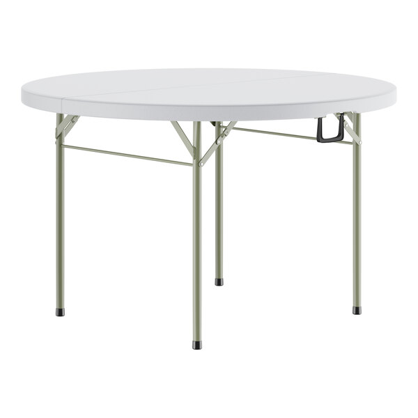 A Lancaster Table & Seating white round folding table with metal legs.