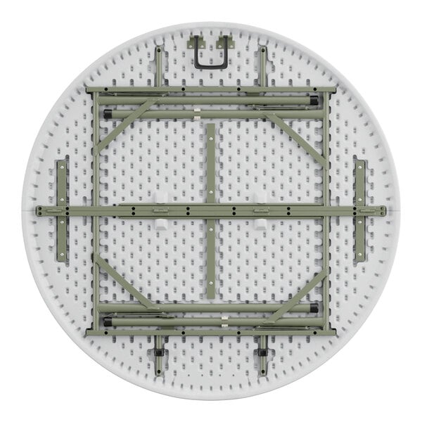 A Lancaster Table & Seating white plastic bi-folding table with metal supports.