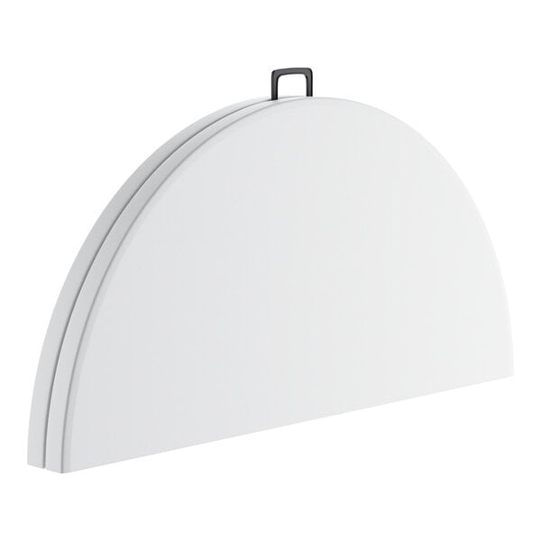 A white round Lancaster Table & Seating plastic folding table with a black handle.