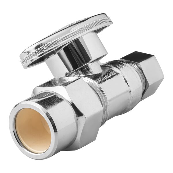 A chrome plated Oatey 1/4-turn water stop valve with a yellow handle.