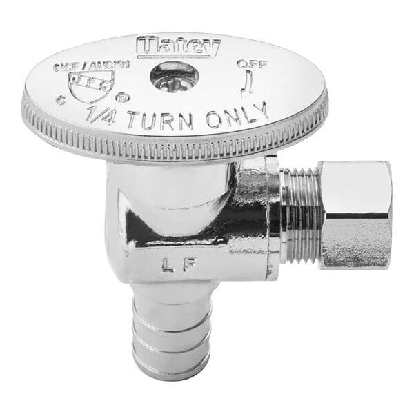 A silver Oatey 1/4-turn angle water stop valve with a round cap.