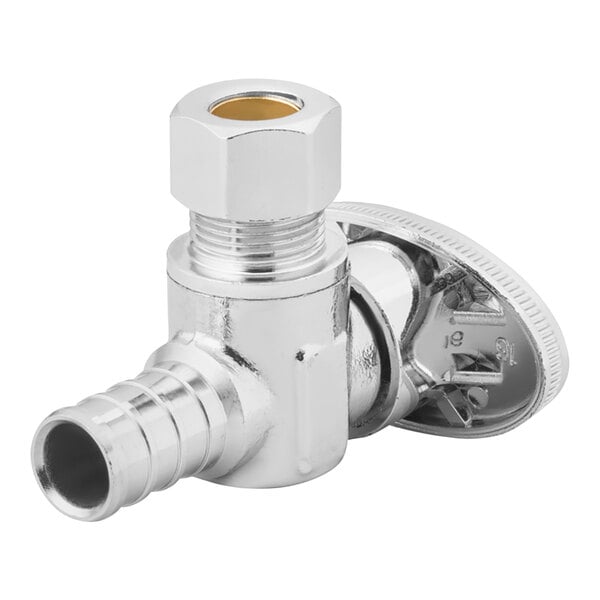 A chrome plated Oatey 1/4-turn angle water stop valve with a brass handle on a silver metal pipe with a nut.