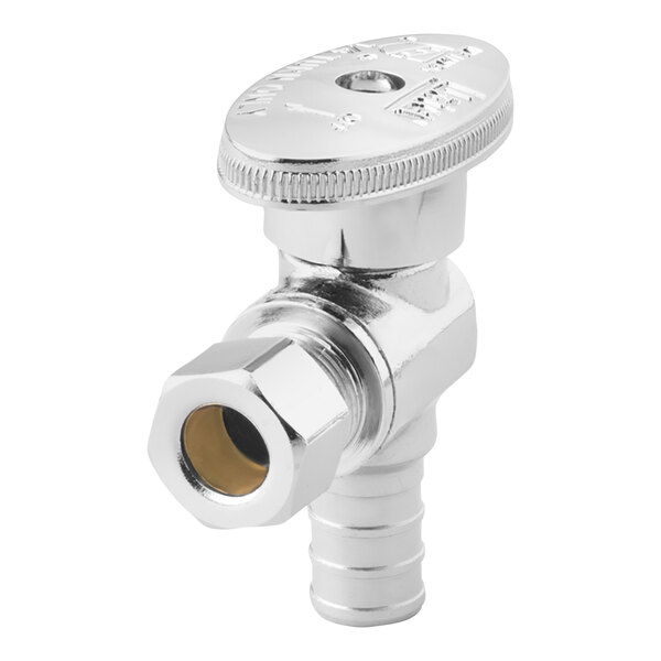 A chrome plated Oatey angle stop valve with a round metal cap.