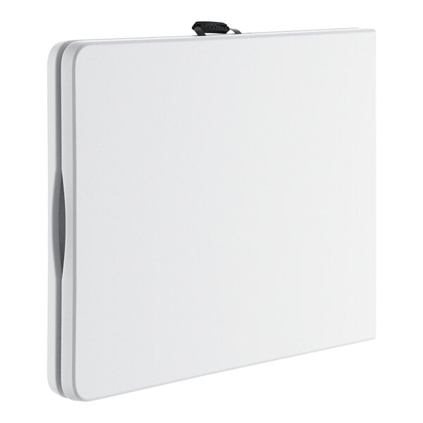 A white rectangular Lancaster Table & Seating bi-folding table with a black handle.