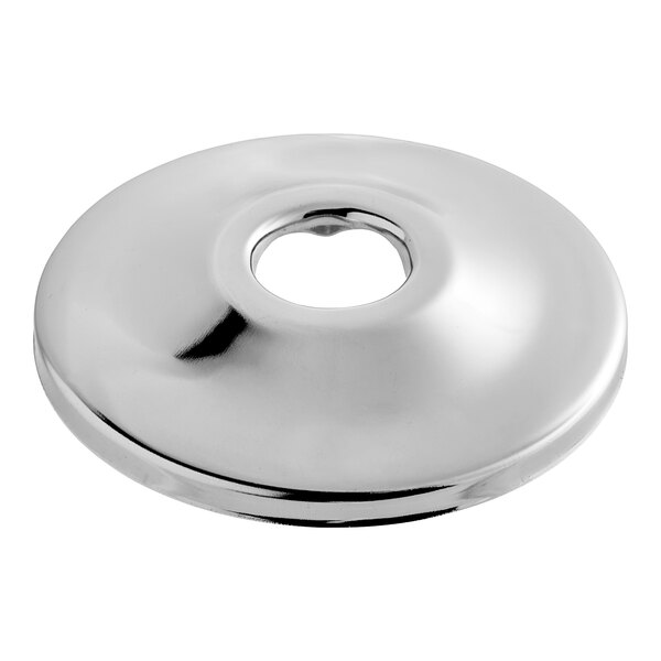 A chrome-plated round flange with a hole in the center.