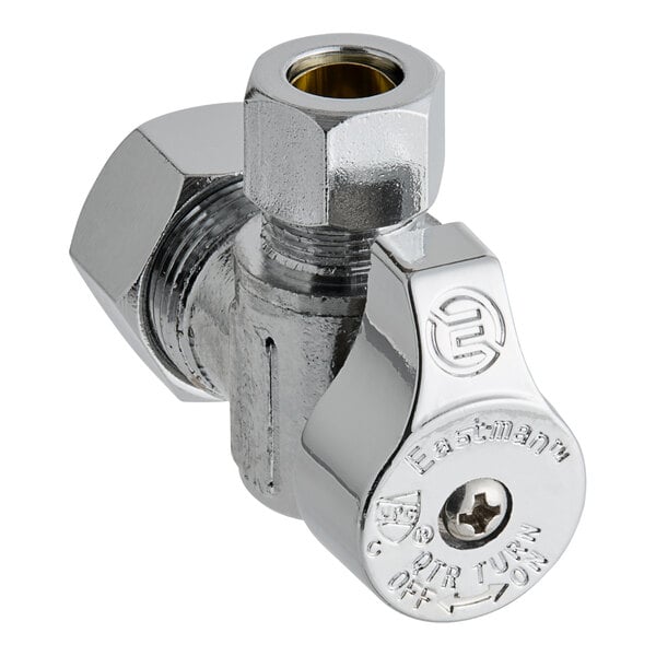 A chrome plated Eastman SpeedFlex angle stop valve with a silver metal pipe and metal handle.