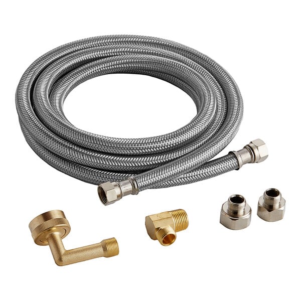 A close-up of a Eastman Steel-Flex braided stainless steel dishwasher connector hose with brass fittings.