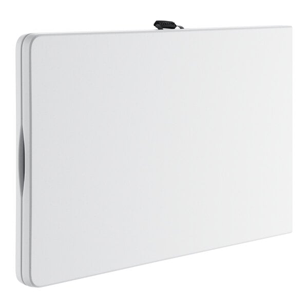 A white rectangular Lancaster Table & Seating bi-folding table with black clips.