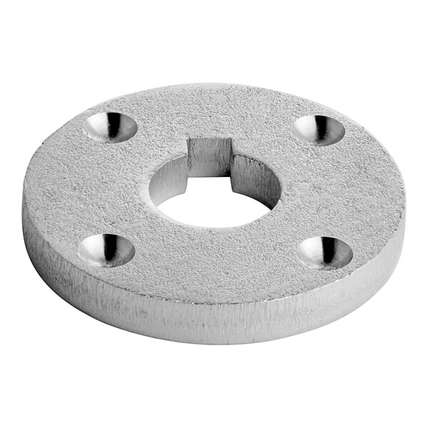 A silver stainless steel end screw cover with holes.