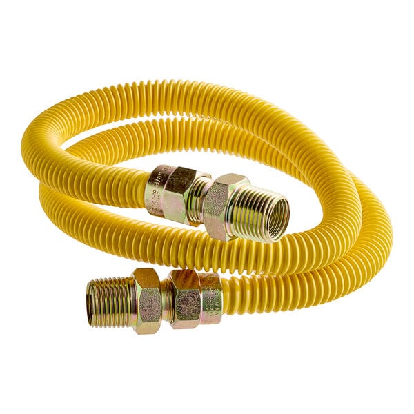 A yellow Eastman gas connector hose with metal fittings.