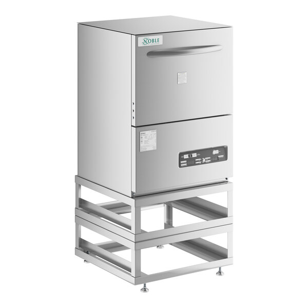 A stainless steel Noble Warewashing undercounter dishwasher with two shelves.