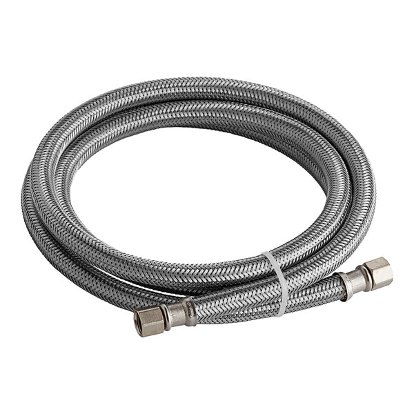 A close-up of an Eastman braided stainless steel hose with connectors.