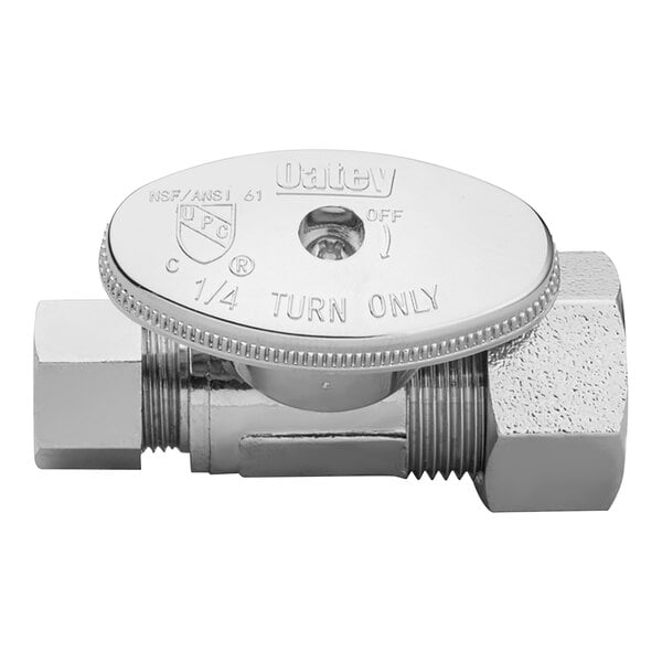 A close-up of a round silver Oatey water stop valve with metal connections.
