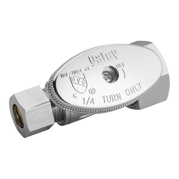 A silver Oatey 1/4-turn straight water stop valve.