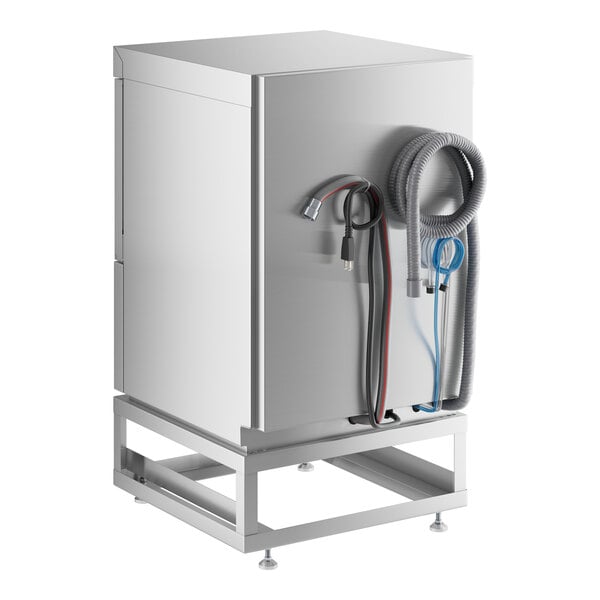 A stainless steel MainStreet Equipment undercounter dishwasher with hoses attached.