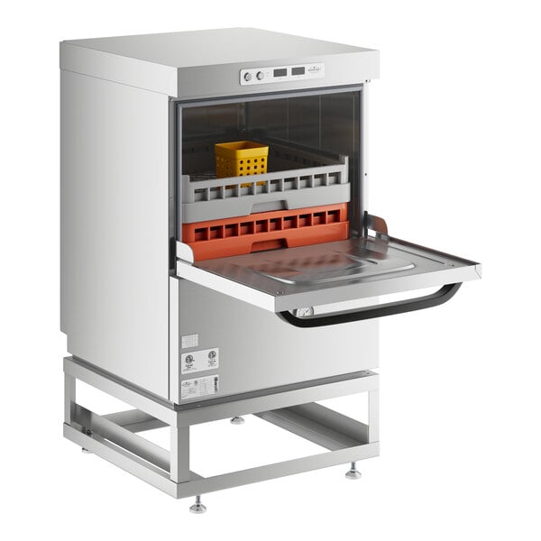 A MainStreet Equipment high temperature undercounter dishwasher with the door open on a counter.