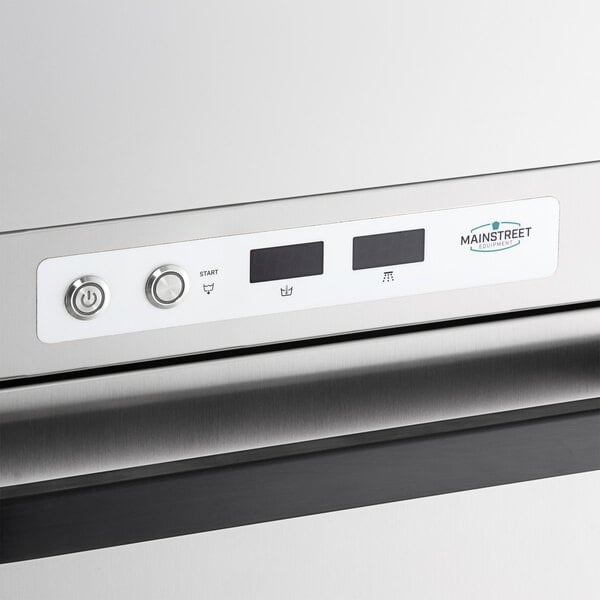 A stainless steel MainStreet Equipment undercounter dishwasher with a white panel and buttons.
