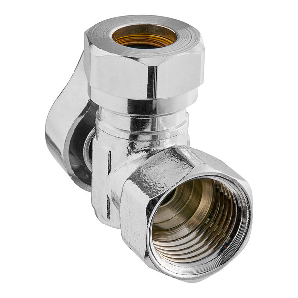 A chrome plated Eastman iron pipe angle stop valve with a threaded nut.
