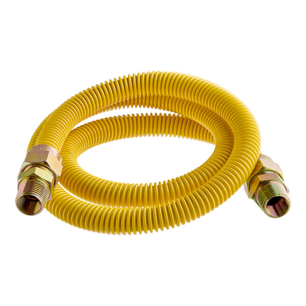 A yellow Eastman gas connector hose with metal connectors.