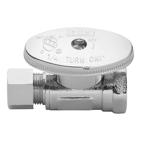 A chrome plated Oatey 1/4-turn straight water stop valve with a round silver nut.