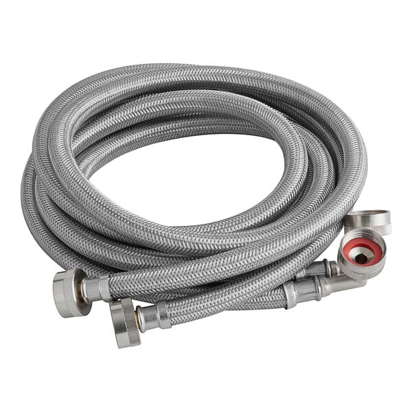 A close-up of an Eastman stainless steel washing machine hose with red connectors.