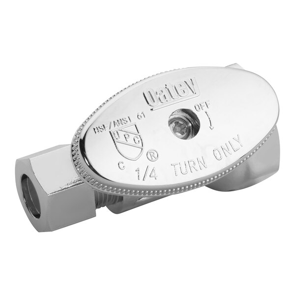 A close-up of a silver Oatey 1/4-turn straight water stop valve.