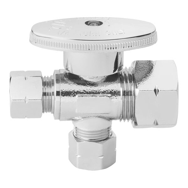 A chrome plated Oatey 1/4-turn dual-outlet water stop valve.