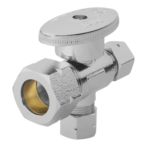 A chrome plated Oatey water stop valve with a brass nut on a white background.