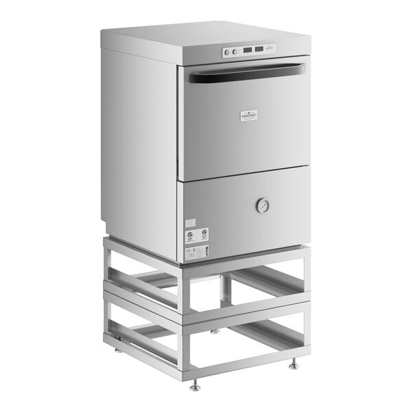 A silver rectangular MainStreet Equipment undercounter dishwasher with an adjustable shelf on top.