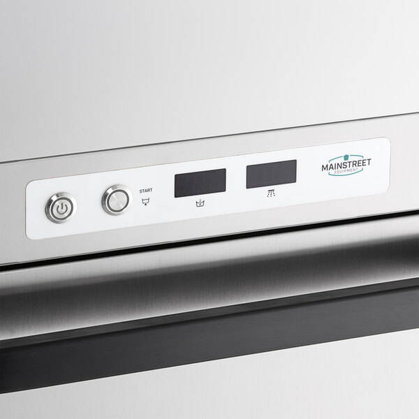 A stainless steel MainStreet Equipment undercounter dishwasher with a white control panel.