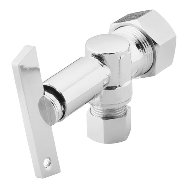 A chrome plated Oatey 1/4-turn loose key angle water stop valve with a silver metal nut.