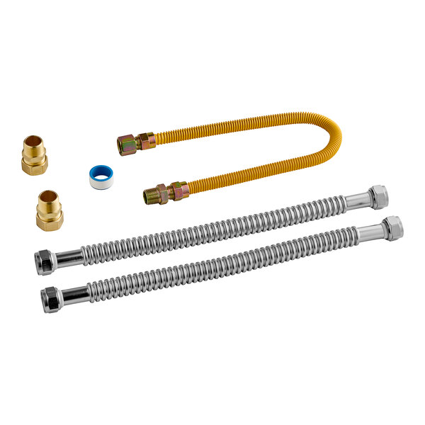 An Eastman gas water heater installation kit with metal hoses and a tube.