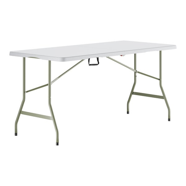 A white rectangular Lancaster Table & Seating bi-folding table with metal legs.