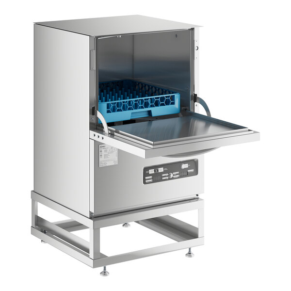 A Noble Warewashing undercounter dishwasher with a blue tray inside.