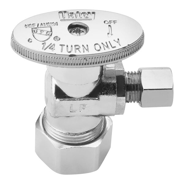 A silver metal Oatey 1/4-Turn Angle Water Stop Valve with a round knob.