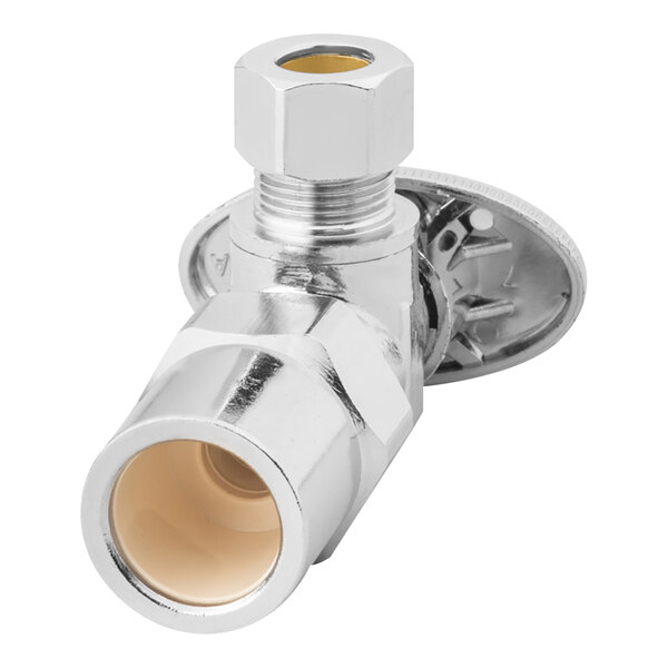 A silver metal Oatey angle stop valve with a yellow handle.