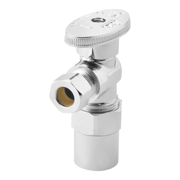 A chrome plated Oatey angle stop valve with a round cap on a white background.