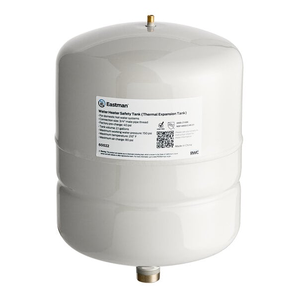 A white Eastman 2 gallon thermal expansion tank with a label on it.