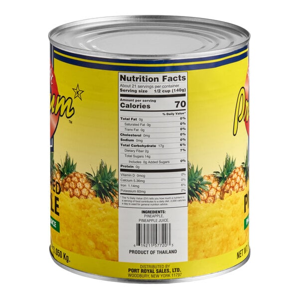 A large can with a yellow label featuring images of pineapples, nutrition facts, and ingredient information for crushed pineapple in juice.
