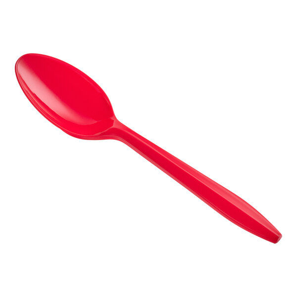 A red Choice medium weight plastic teaspoon.