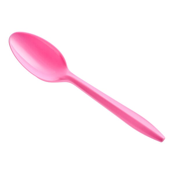 A pink Choice medium weight plastic teaspoon with a white background.