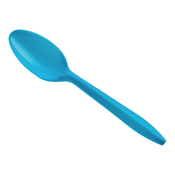 A blue plastic Choice teaspoon on a white background.