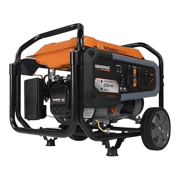 A close-up of a black and orange Generac portable power generator with wheels.