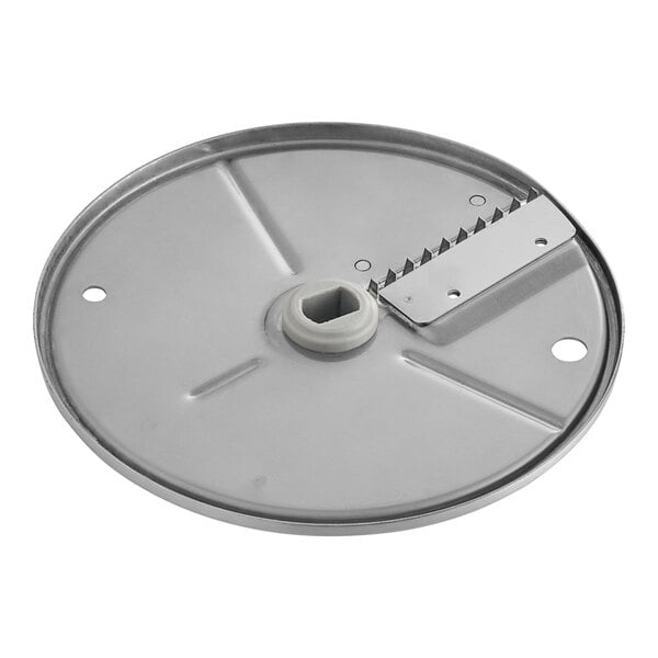 A circular metal AvaMix Julienne Plate with a hole in the middle.