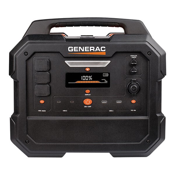 A black Generac GB2000 portable battery powered generator with buttons and dials.