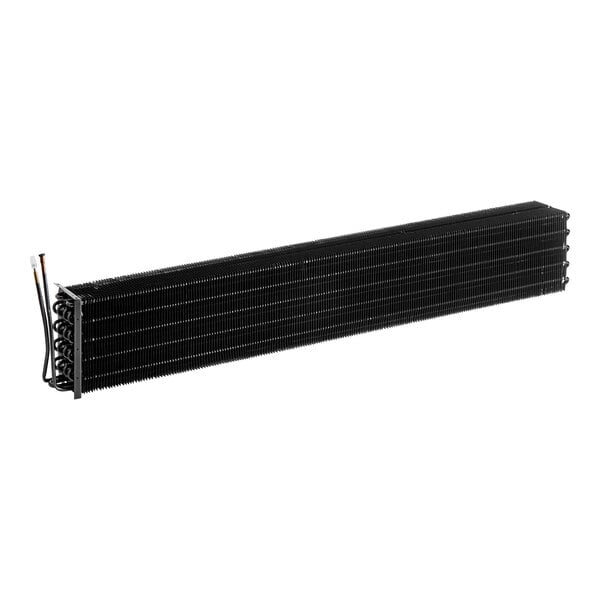 A black metal rectangular evaporator coil with wires.